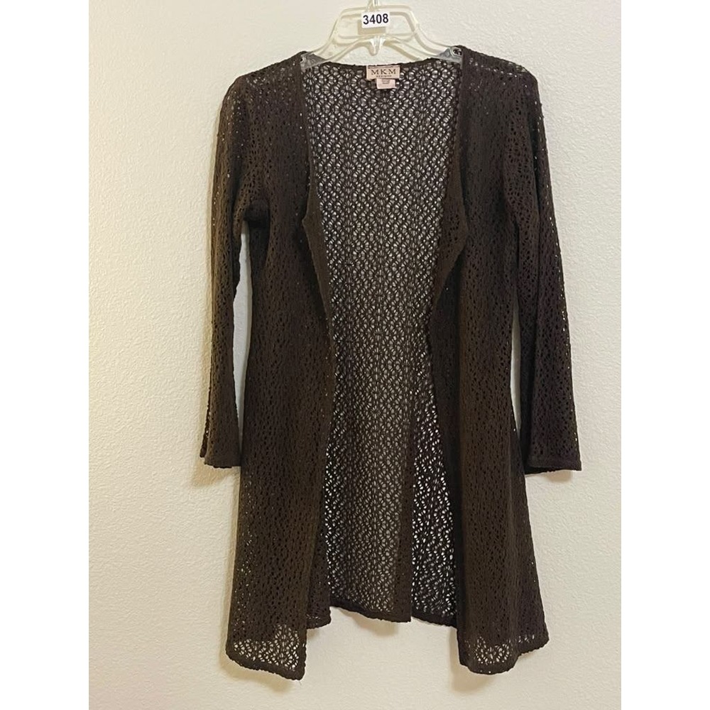 MKM Designs Brown Crochet Open Front Cardigan Sweater Medium Made in USA 44960